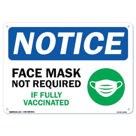 Public Safety Sign Notice Face Mask Not Required If Fully Vaccinated 10in X 7in Rigid Plastic Sign